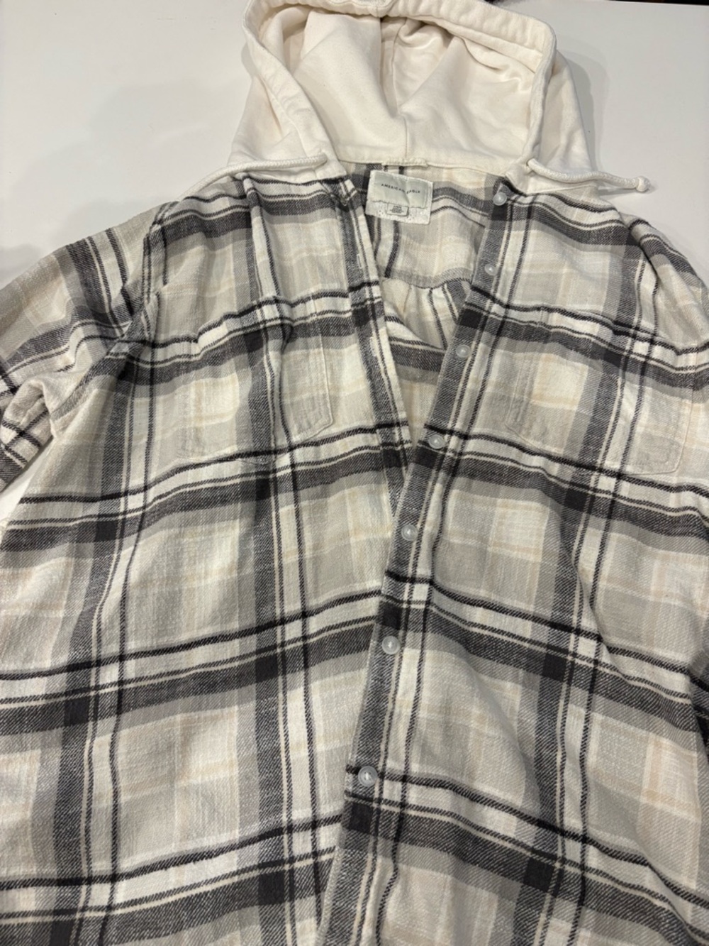 American Eagle Plaid Hooded Shirt Jacket in Cream, Gray and Black
